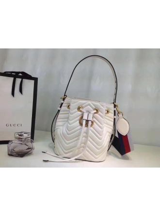 #476674 Gucci 2018 Premium Original Leather GG Marmont quilted leather bucket bag-white