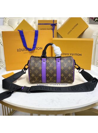 #M46249 Louis Vuitton Monogram Macassar KEEPALL BANDOULIÈRE 25-Purple